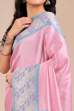 Pink Silk Blend Saree Embellished With Zari Weaving & Tassel Accents
