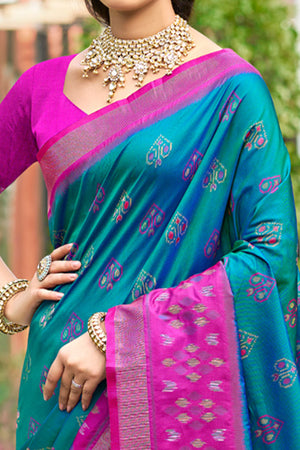 Morpich Blue Pochampally Ikkat Silk Blend Saree Completed With Refined Weaving & Tassel Pallu