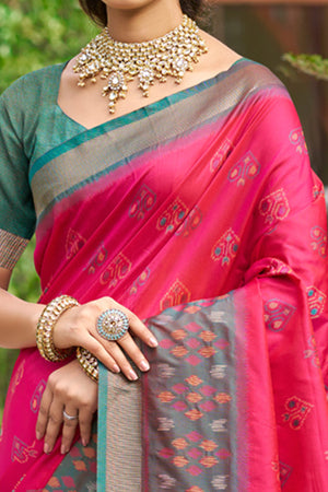 Classic Pink Pochampally Ikkat Silk Blend Saree Completed With Refined Weaving & Tassel Pallu