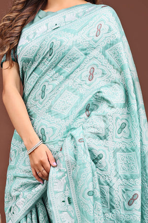 Traditional Bandhani Inspired Woven Sea Green Saree in Breathable Linen Cotton
