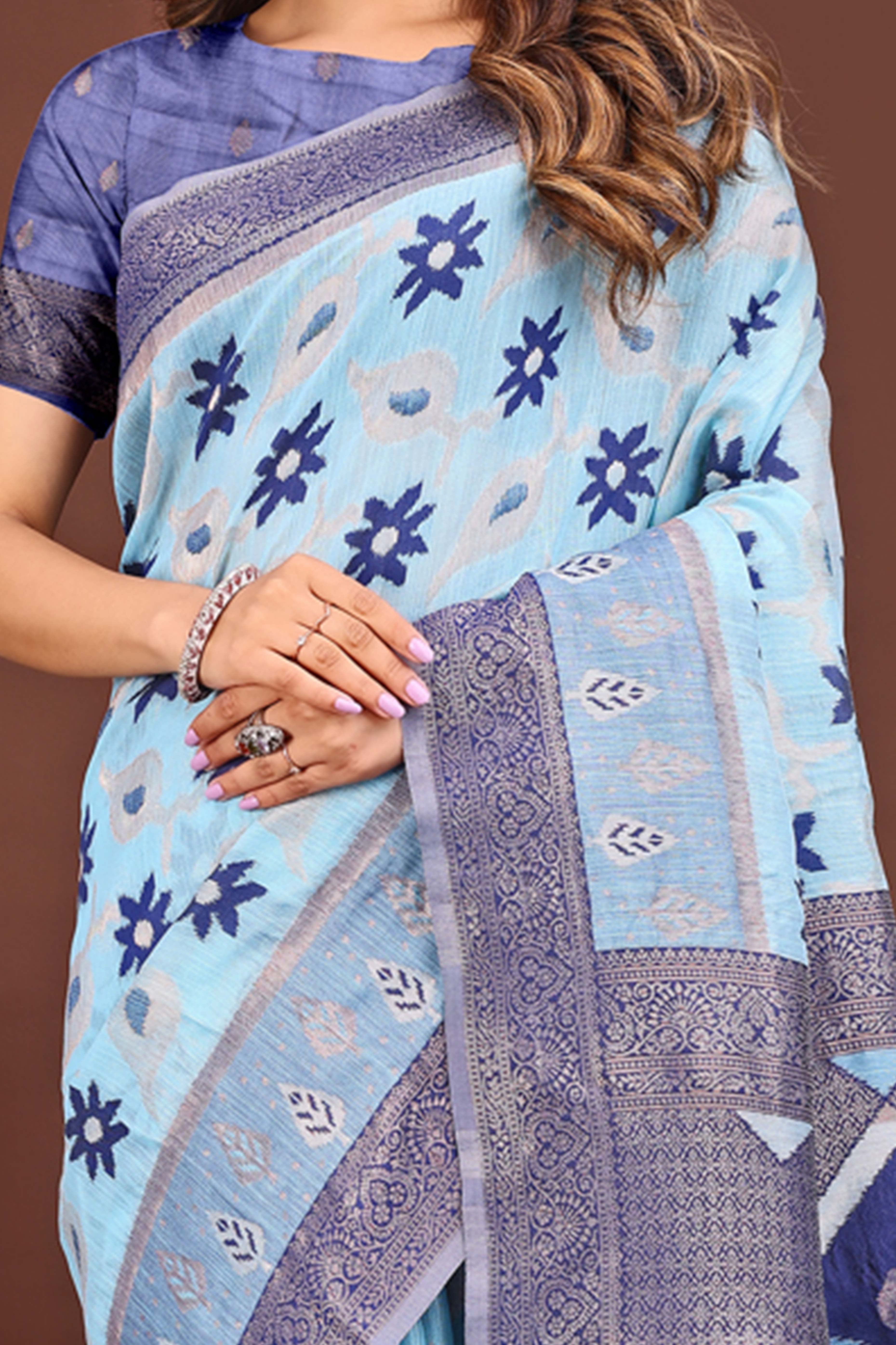 Sky Blue Ethnic Saree in Linen Cotton Fabric with Intricate Floral Pattern Weaving