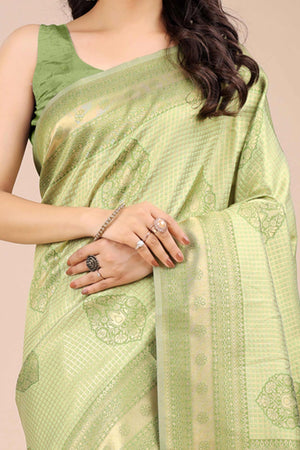 Light Green Saree in Pure Banarasi Silk with Intricate Zari Borders and Motifs