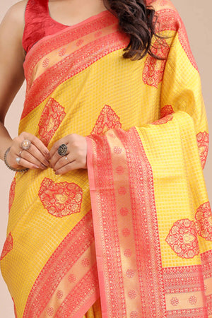 Yellow & Red Saree in Pure Banarasi Silk with Intricate Zari Borders and Motifs
