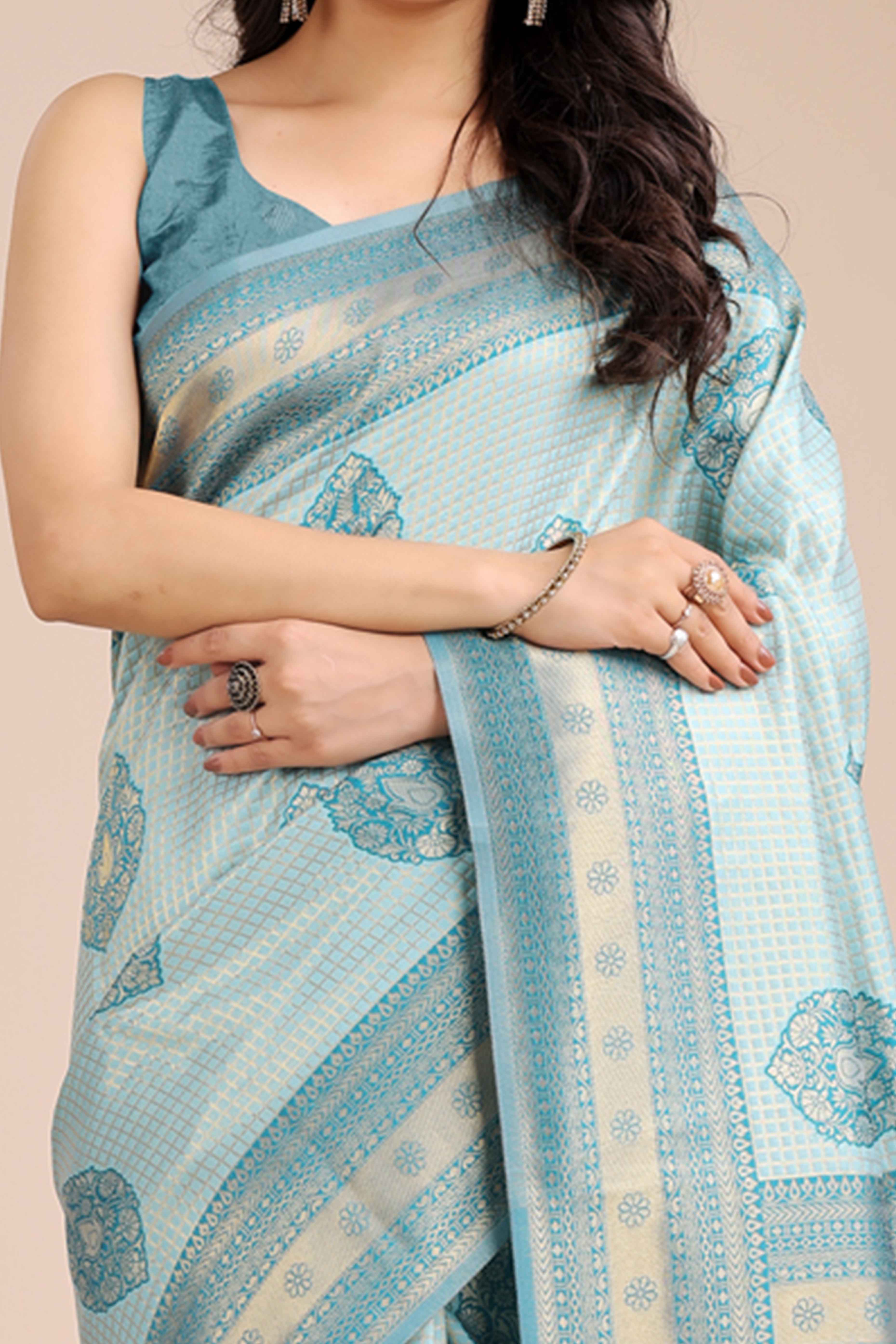 Sea Green Saree in Pure Banarasi Silk with Intricate Zari Borders and Motifs