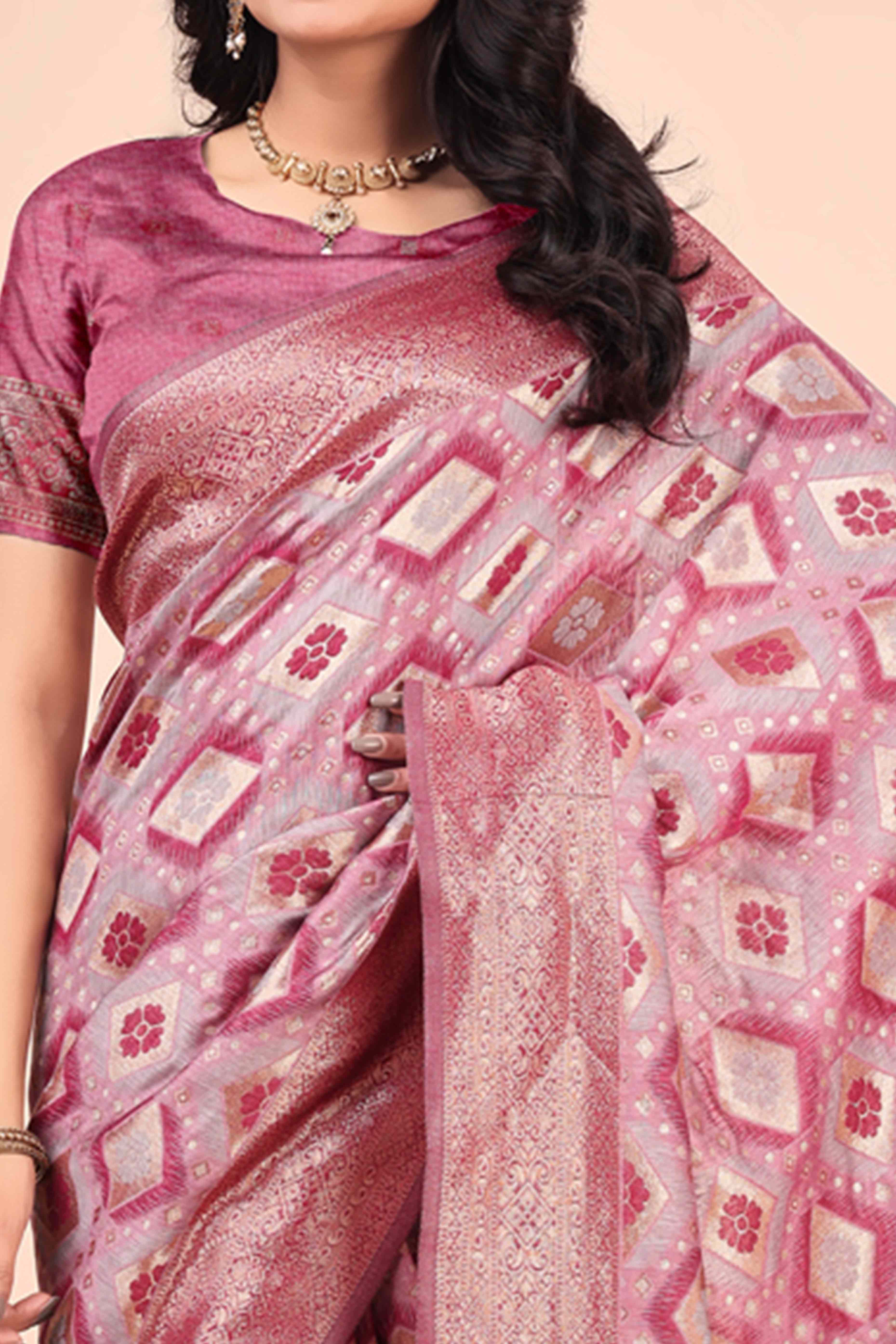 Floral Weaving On Pink Cotton Blend Saree With Tassels