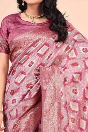 Floral Weaving On Pink Cotton Blend Saree With Tassels