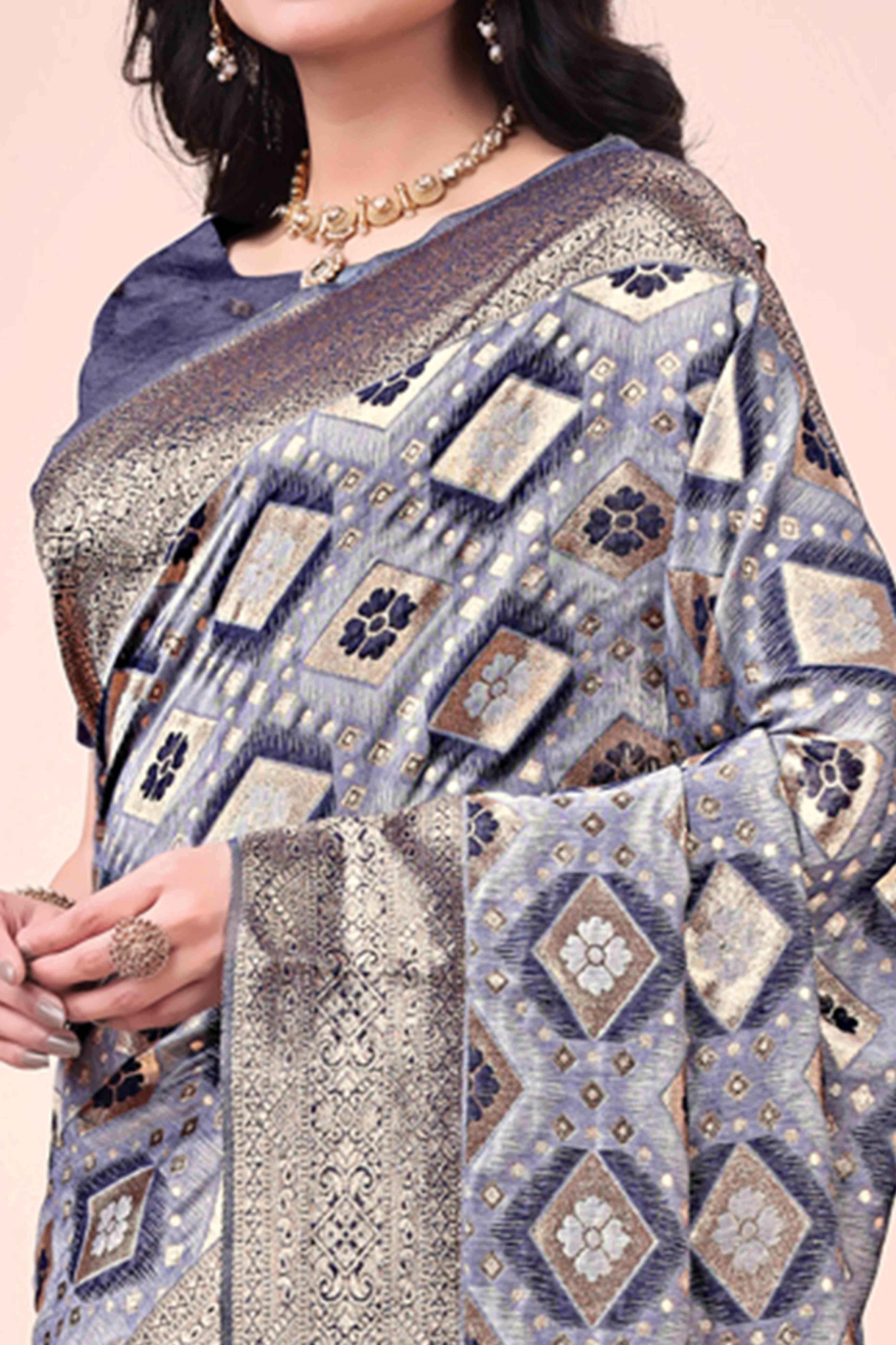 Floral Weaving On Navy Blue Cotton Blend Saree With Tassels