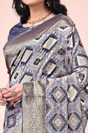 Floral Weaving On Navy Blue Cotton Blend Saree With Tassels