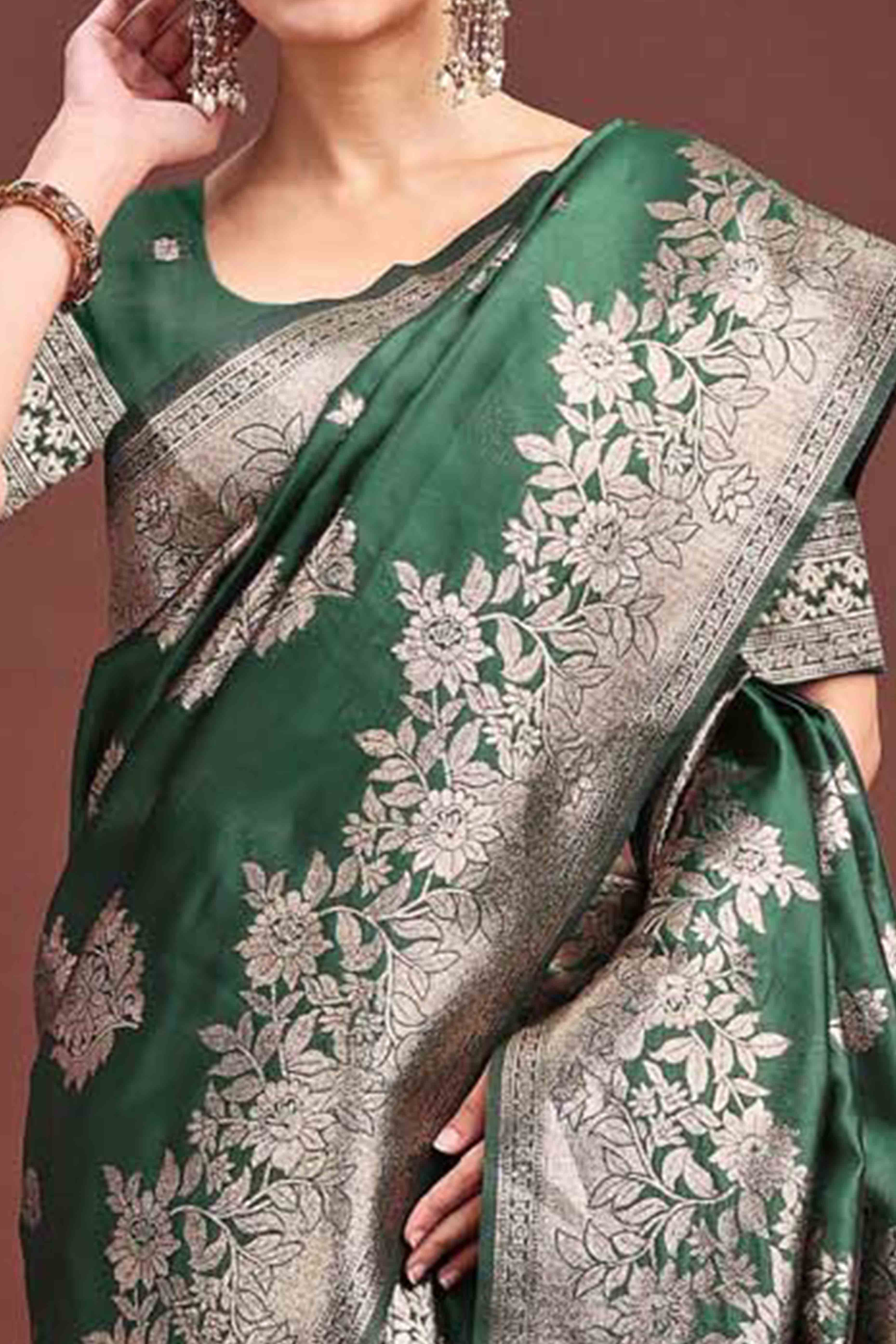 Dark Green Banarasi Silk Saree With Floral Zari Weaving & Elegant Tassels