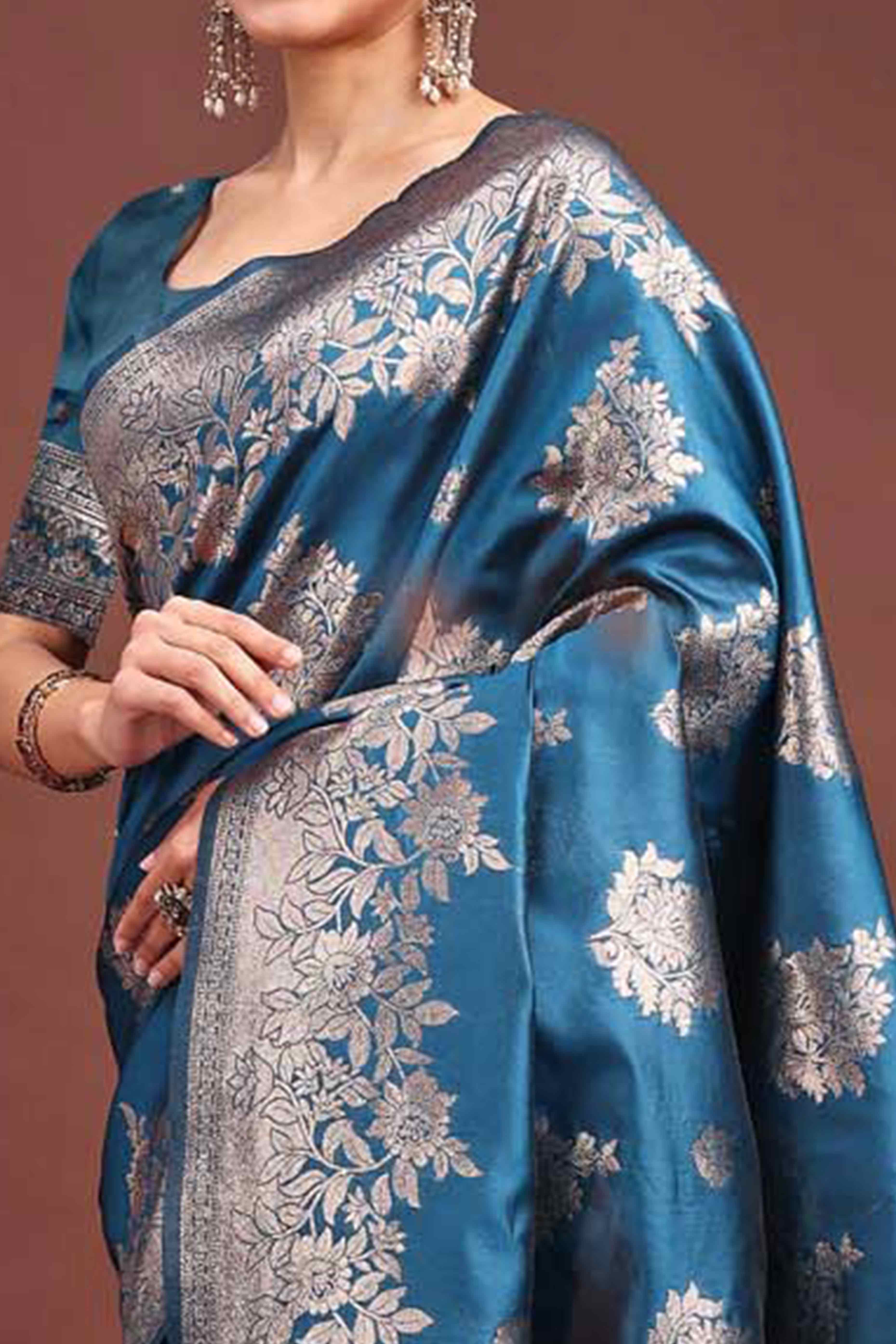 Deep Teal Blue Banarasi Silk Saree With Floral Zari Weaving & Elegant Tassels