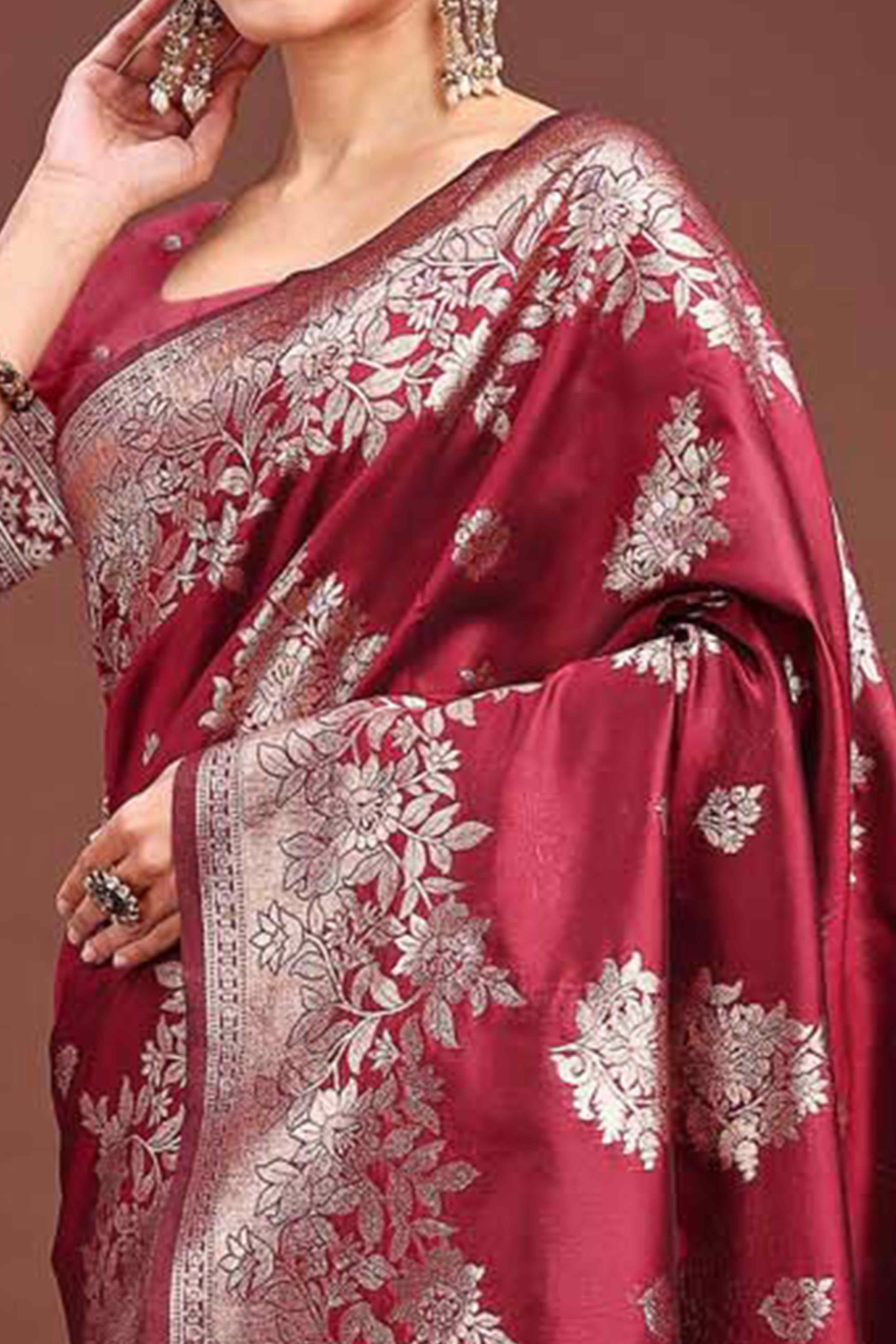 Maroon Banarasi Silk Saree With Floral Zari Weaving & Elegant Tassels