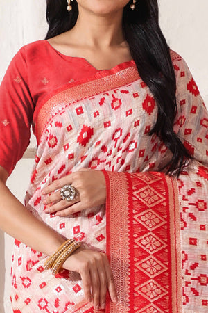 Elegant White & Red Zari Woven Linen Cotton Saree With Graceful Tassel Detailing