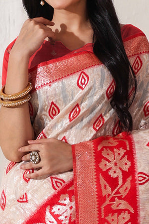 Classic White & Red Saree In Linen Cotton With Rich Zari Weaving And Tassel Accents