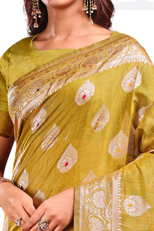 Mehendi Green Linen Cotton Silk Saree Adorned With Intricate Floral Zari Weaving & Tassel Pallu