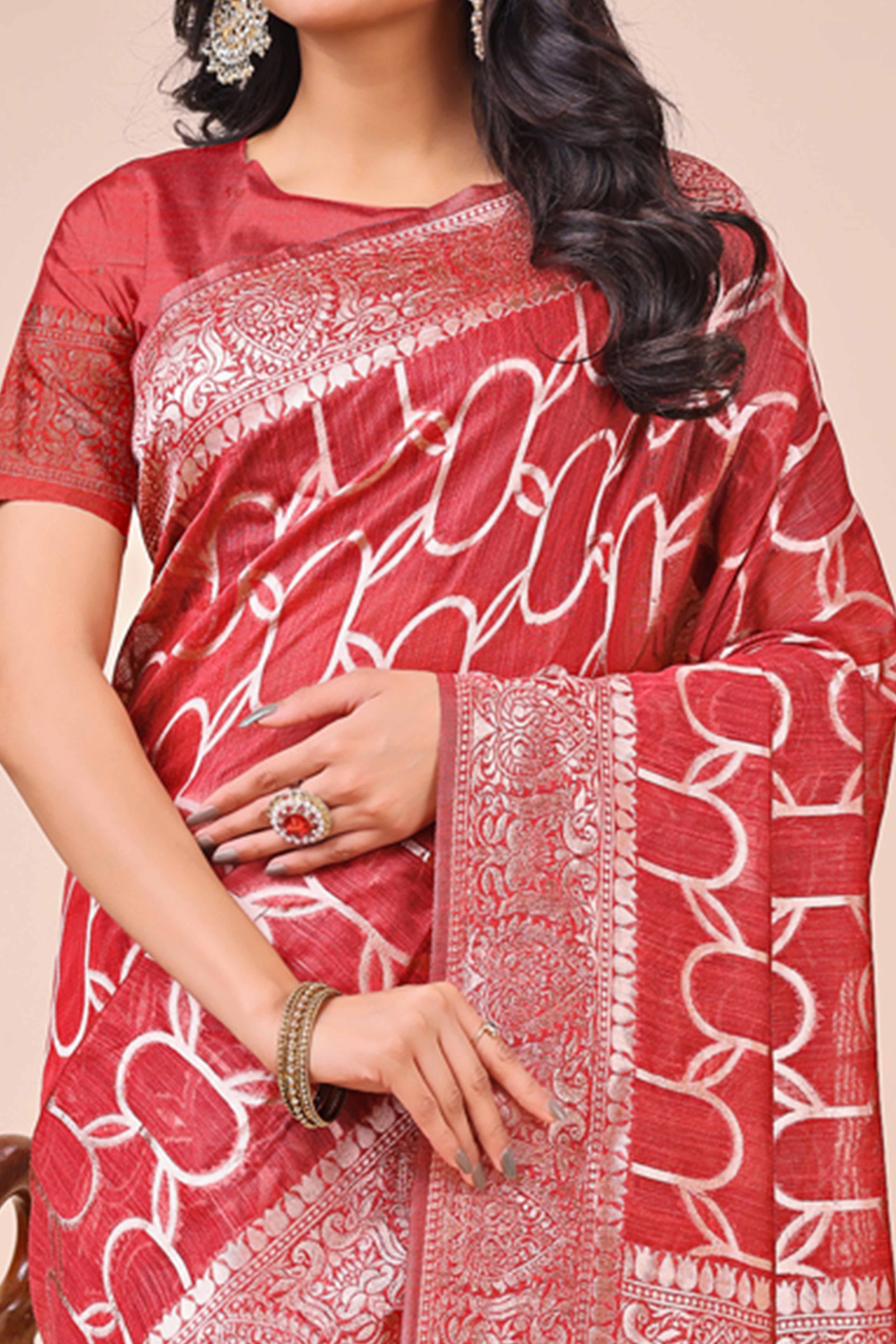 Red Linen Cotton Saree With Floral Zari Weaving & Delicate Tassel Border