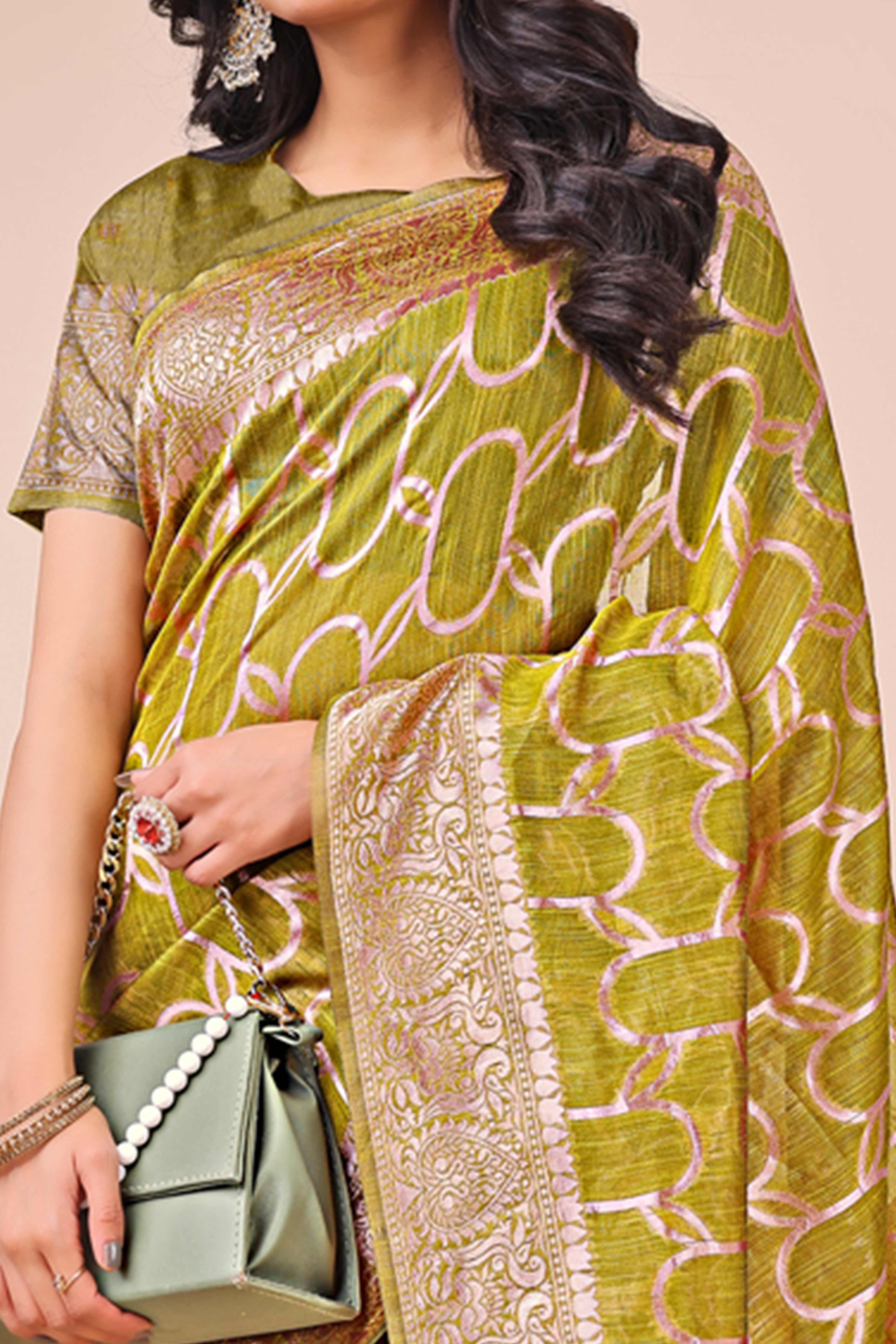 Olive Green Linen Cotton Saree With Floral Zari Weaving & Delicate Tassel Border