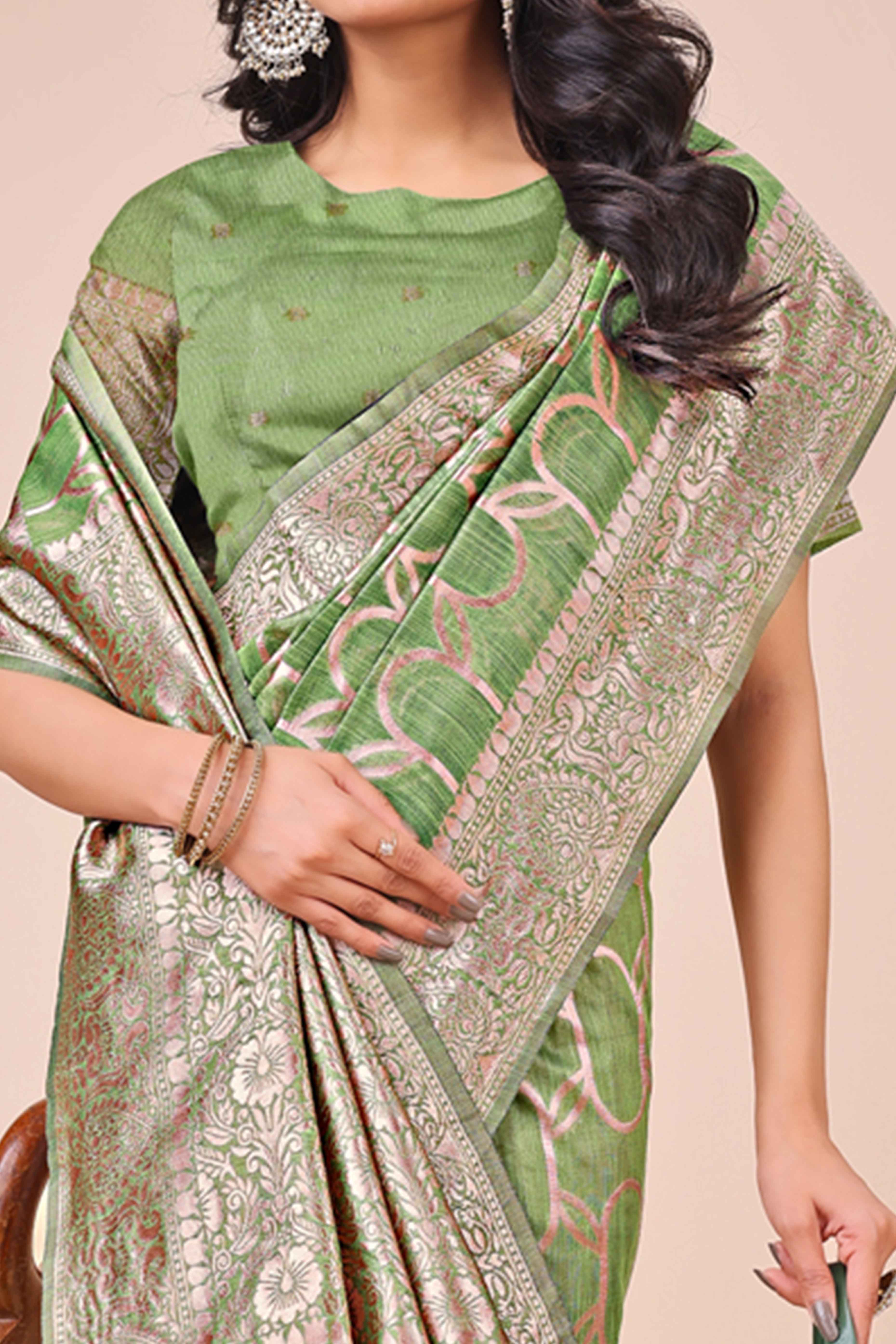 Green Linen Cotton Saree With Floral Zari Weaving & Delicate Tassel Border