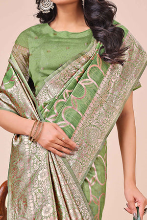 Green Linen Cotton Saree With Floral Zari Weaving & Delicate Tassel Border
