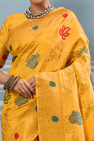 Radiant Yellow Silk Blend Saree Adorned With Intricate Floral Zari Weaving & Tassel Pallu