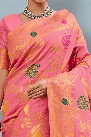 Radiant Pink Silk Blend Saree Adorned With Intricate Floral Zari Weaving & Tassel Pallu