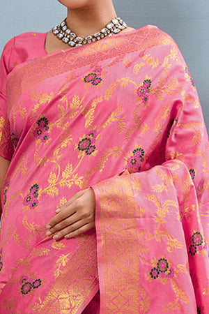 Majestic Bloom Pink Floral Zari Weaving Silk Blend Saree With Elegant Tassel Pallu