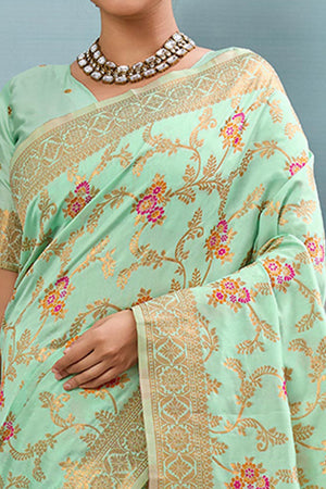 Majestic Bloom Sea Green Floral Zari Weaving Silk Blend Saree With Elegant Tassel Pallu