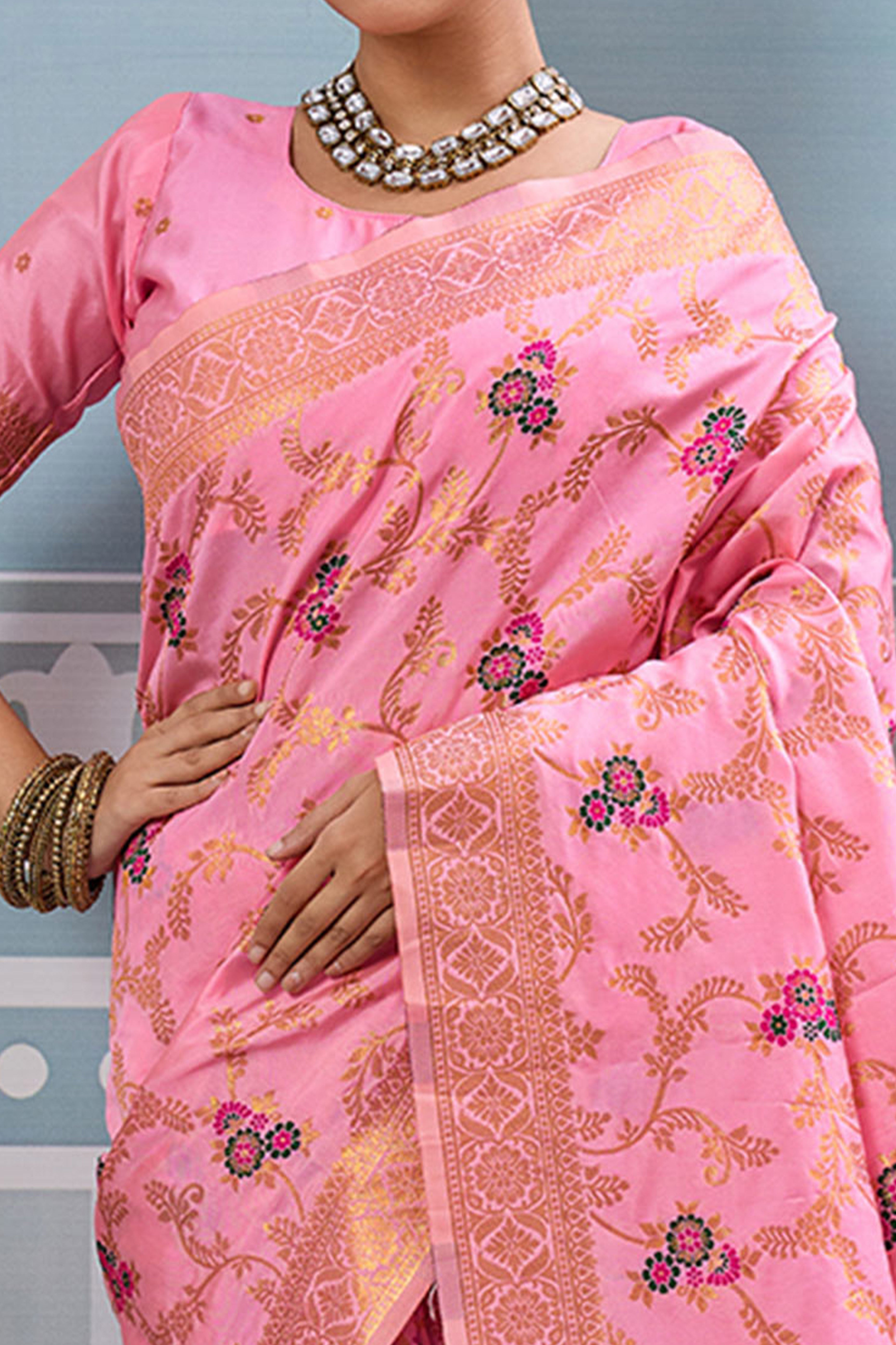 Majestic Bloom Light Pink Floral Zari Weaving Silk Blend Saree With Elegant Tassel Pallu