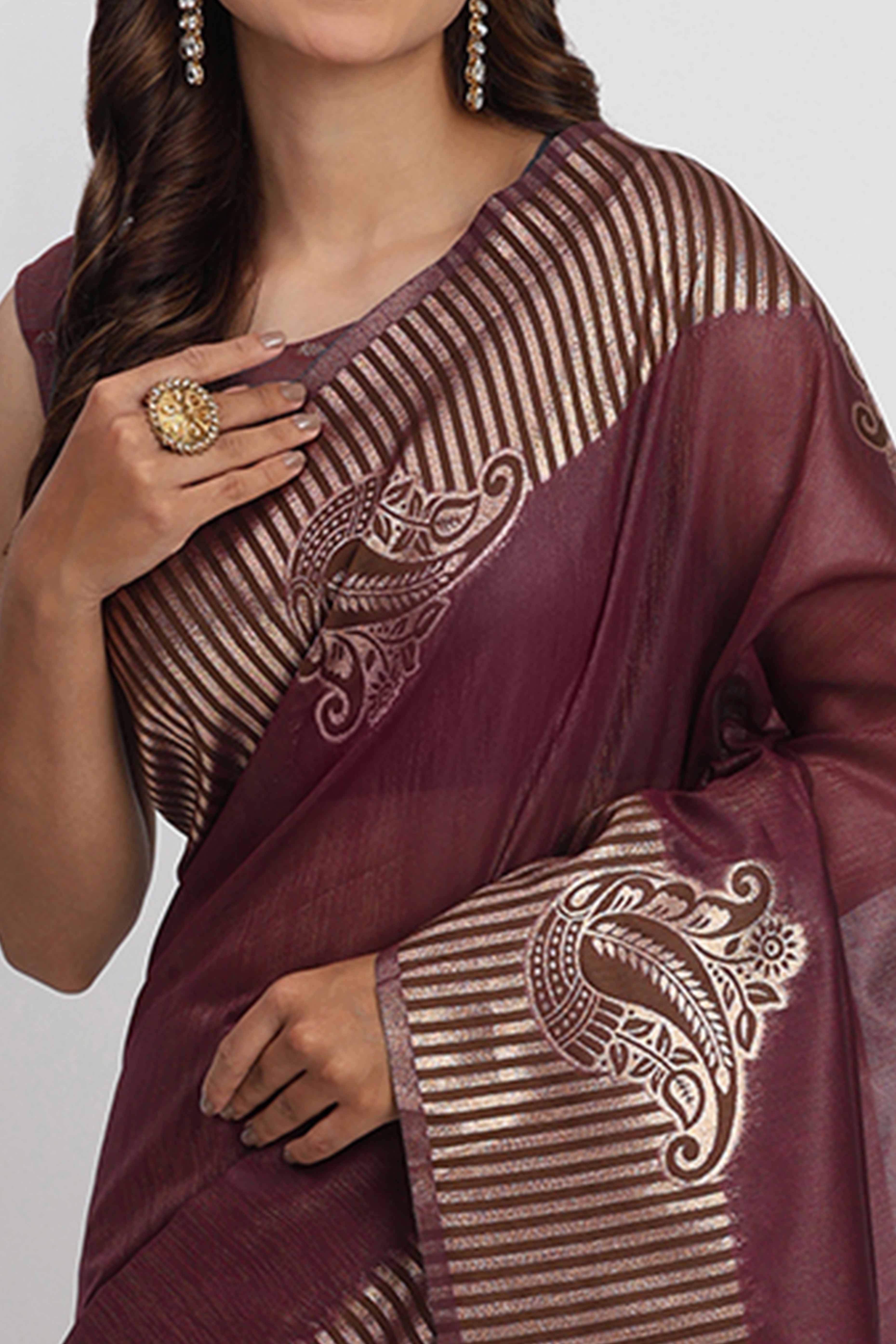Linen Cotton Saree in Wine Hue Featuring Rich Zari Weaving