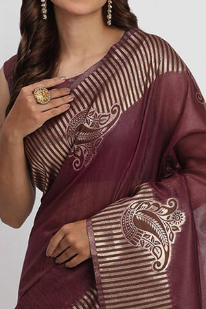 Linen Cotton Saree in Wine Hue Featuring Rich Zari Weaving