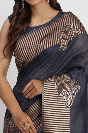 Linen Cotton Saree in Navy Blue Hue Featuring Rich Zari Weaving
