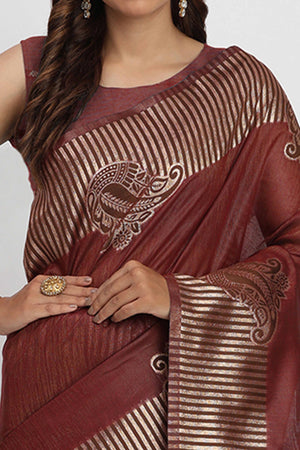 Linen Cotton Saree in Maroon Hue Featuring Rich Zari Weaving