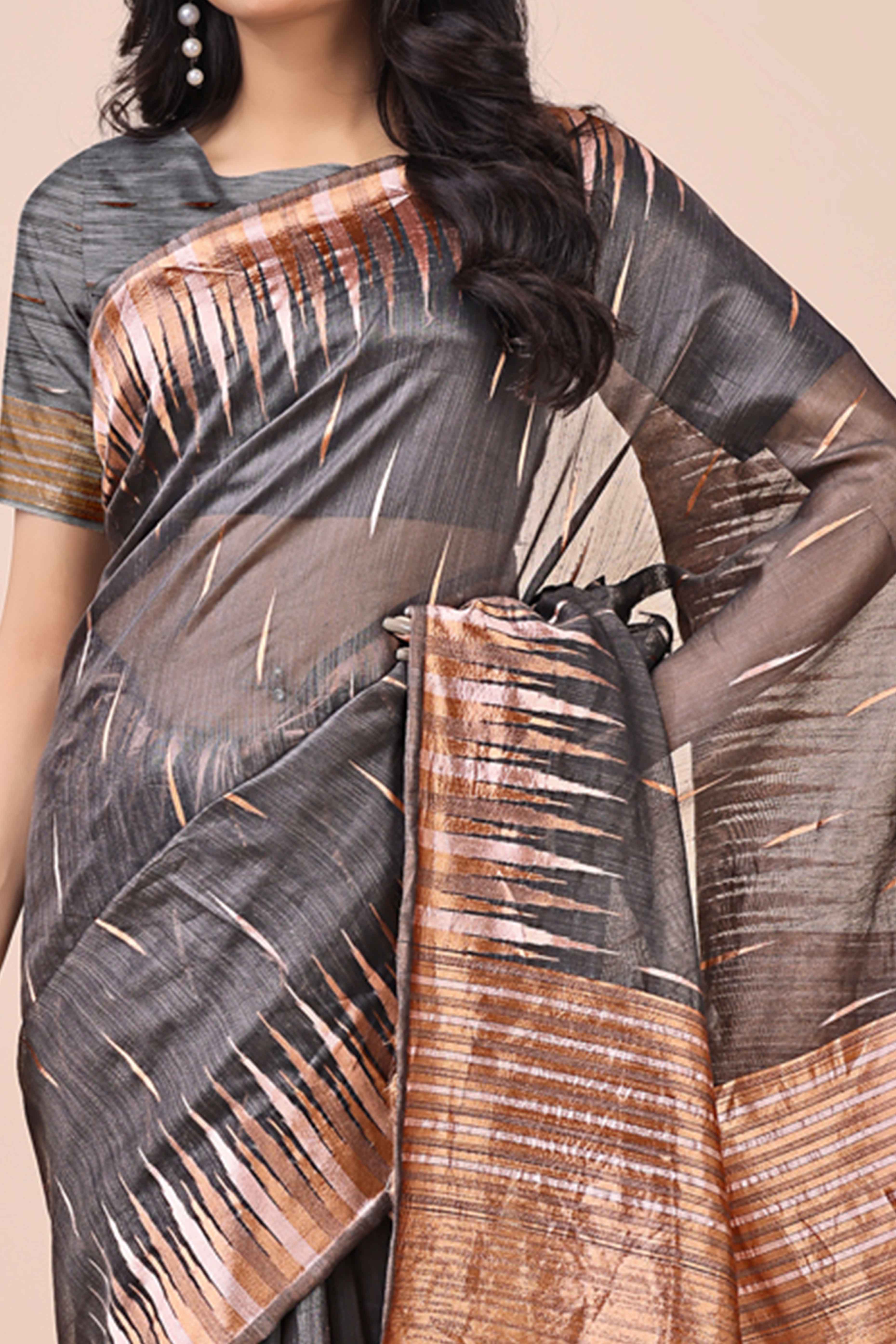 Dark Grey Saree In Linen Cotton With Exquisite Zari Weaving & Subtle Tassel Border