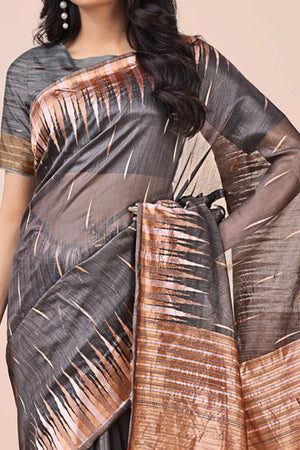 Dark Grey Saree In Linen Cotton With Exquisite Zari Weaving & Subtle Tassel Border