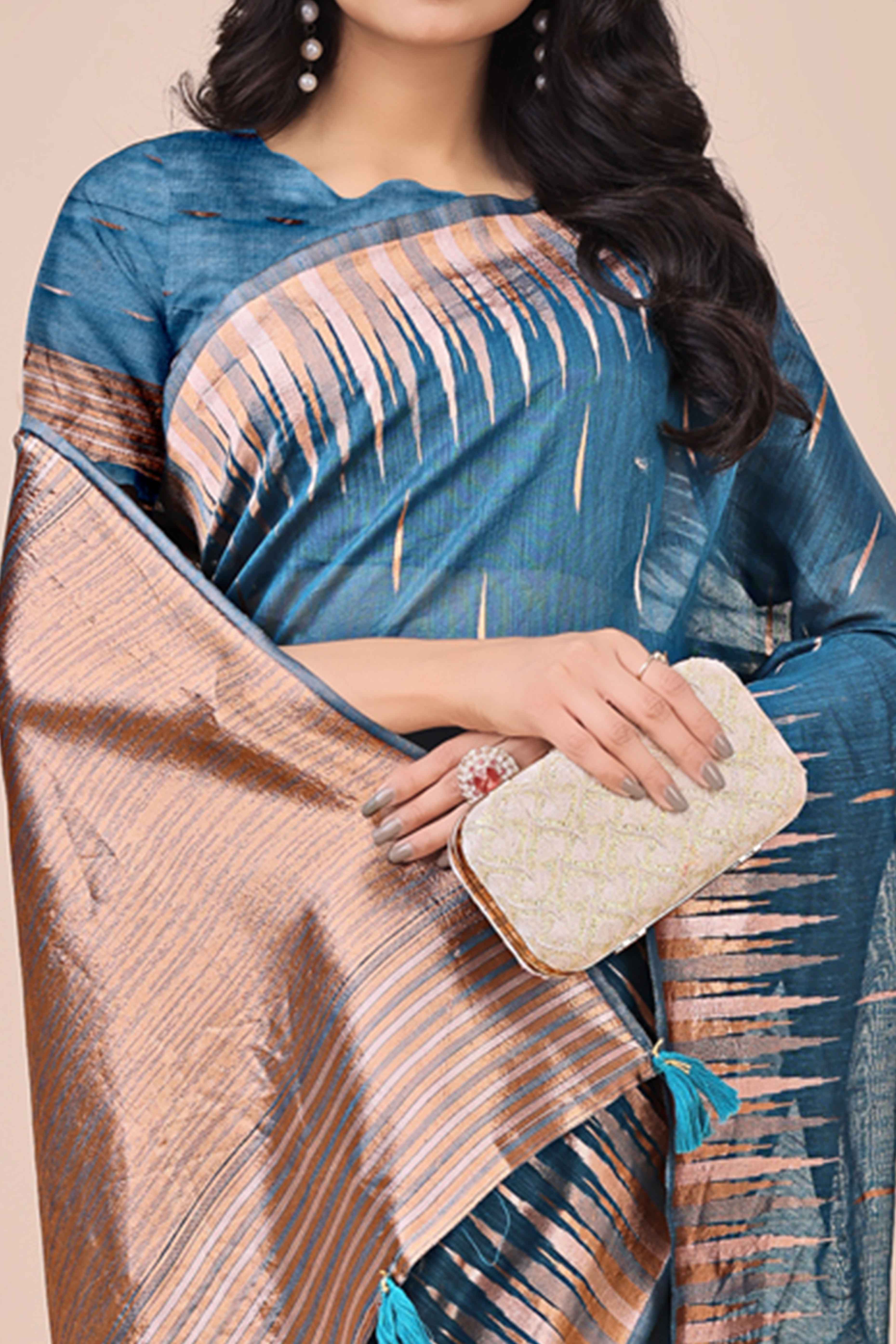 Blue Saree In Linen Cotton With Exquisite Zari Weaving & Subtle Tassel Border