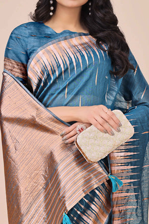 Blue Saree In Linen Cotton With Exquisite Zari Weaving & Subtle Tassel Border