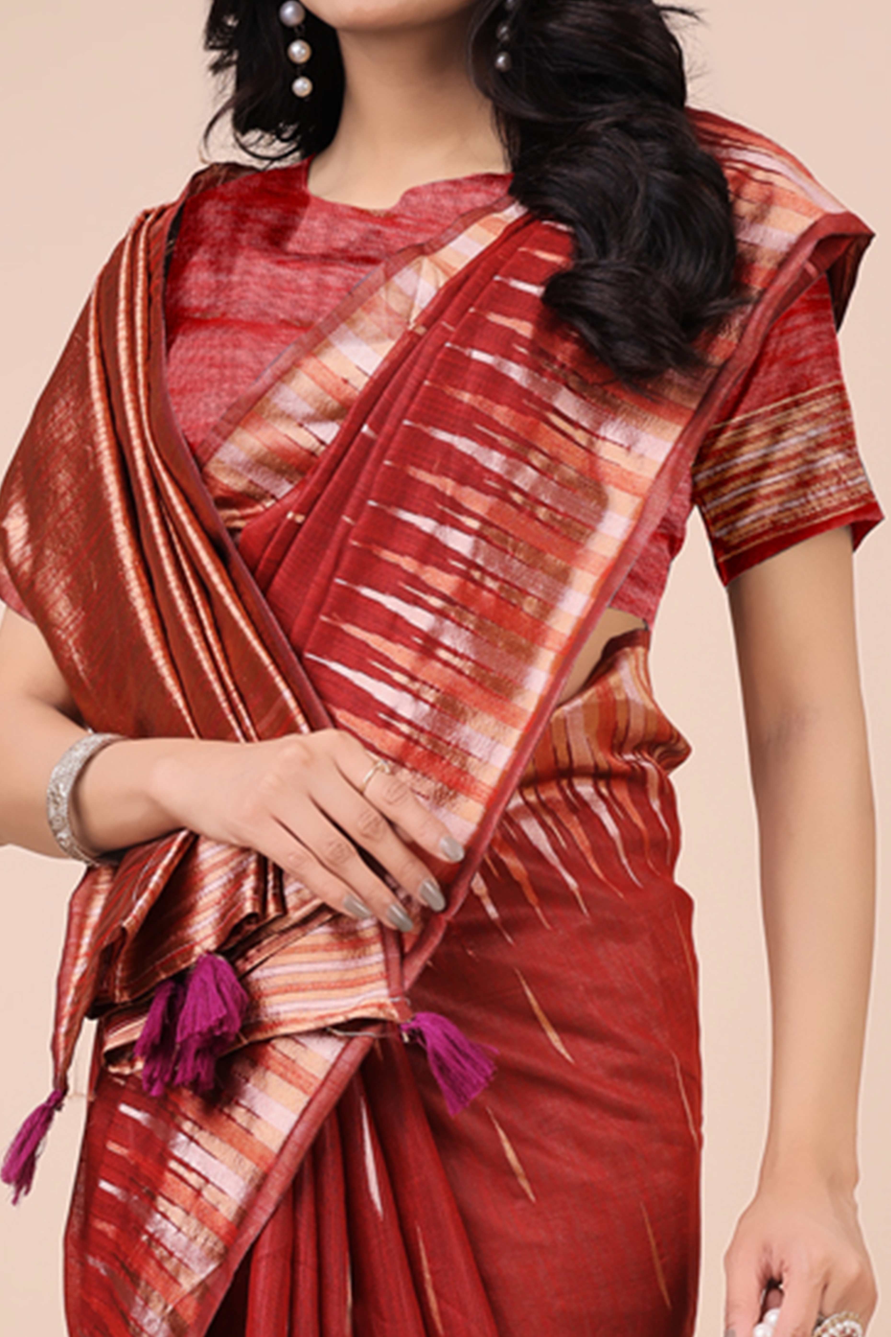 Red Saree In Linen Cotton With Exquisite Zari Weaving & Subtle Tassel Border