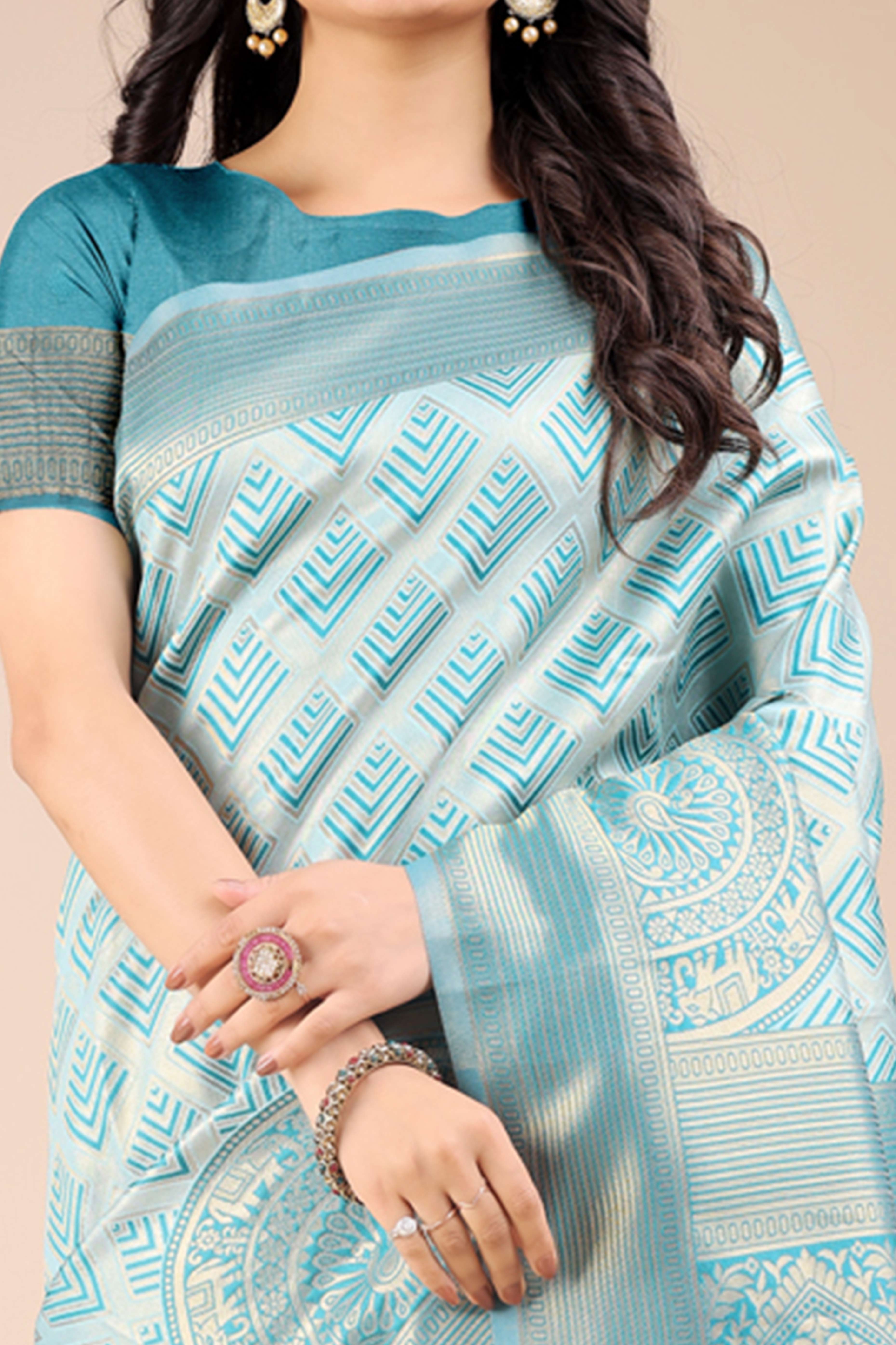 Aqua Blue Zari Woven Banarasi Silk Saree with Luxurious Detailing