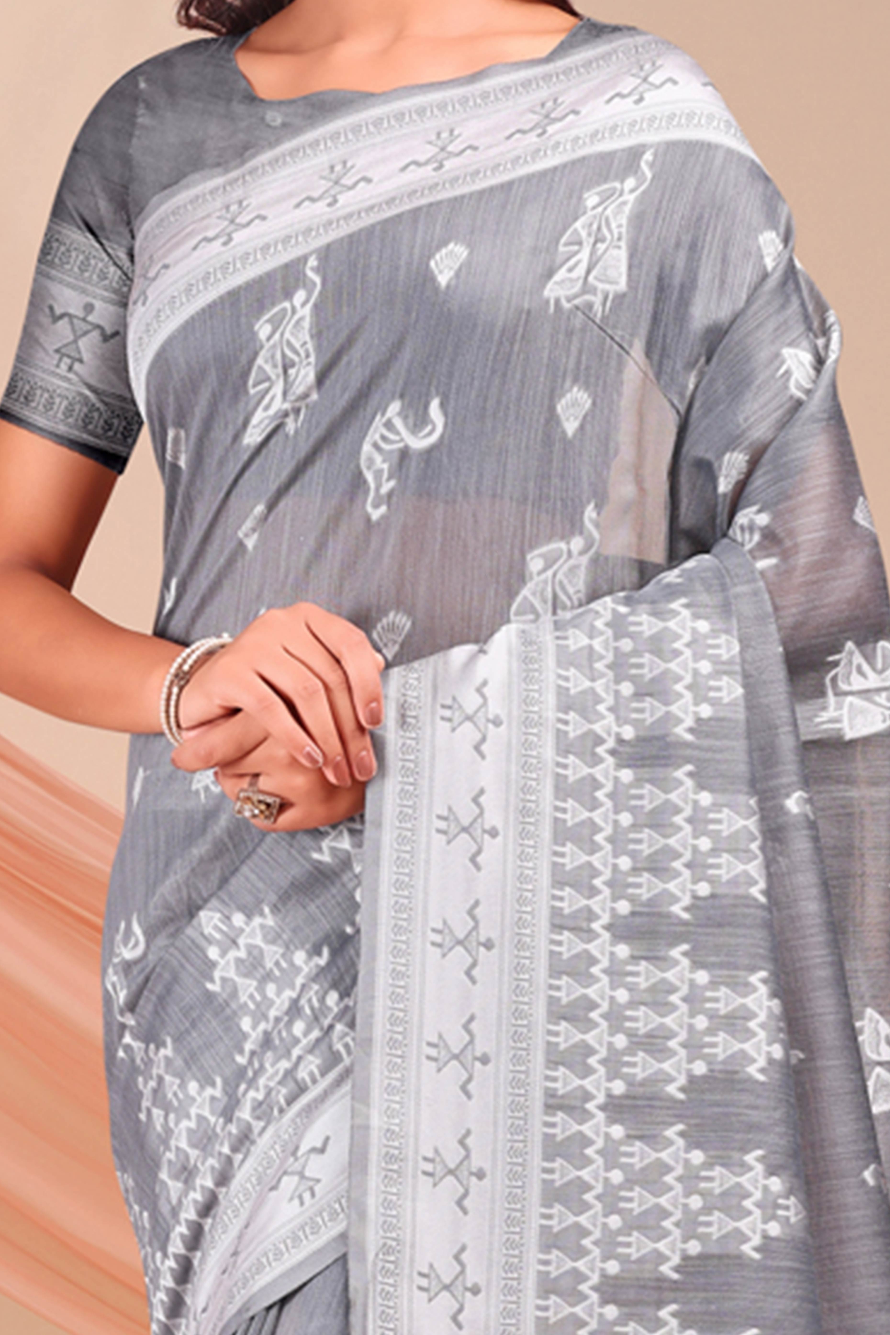 Grey Ethnic Saree in Soft Linen Cotton Fabric Featuring Warli Art Weaving