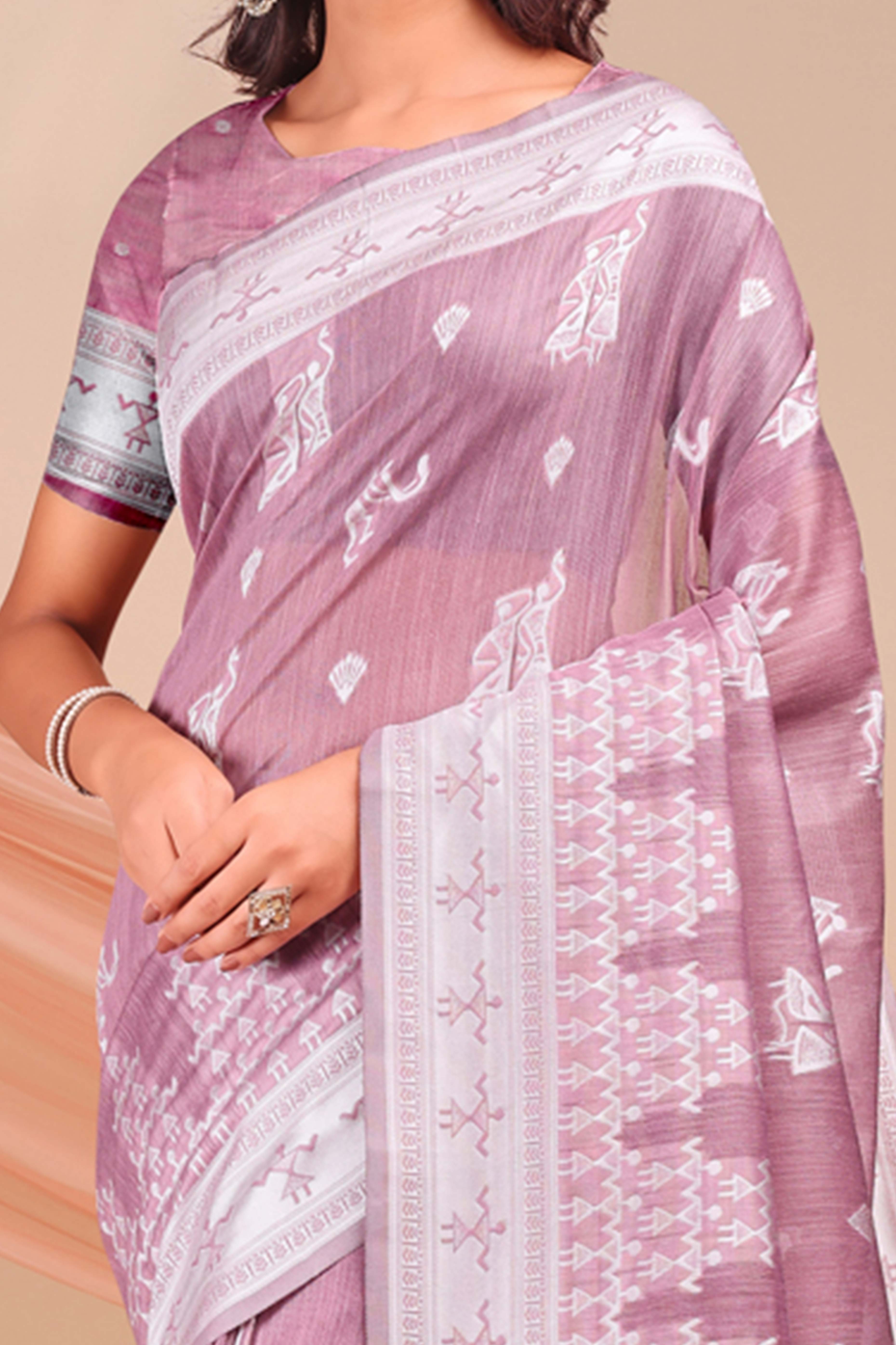 Mauve Ethnic Saree in Soft Linen Cotton Fabric Featuring Warli Art Weaving