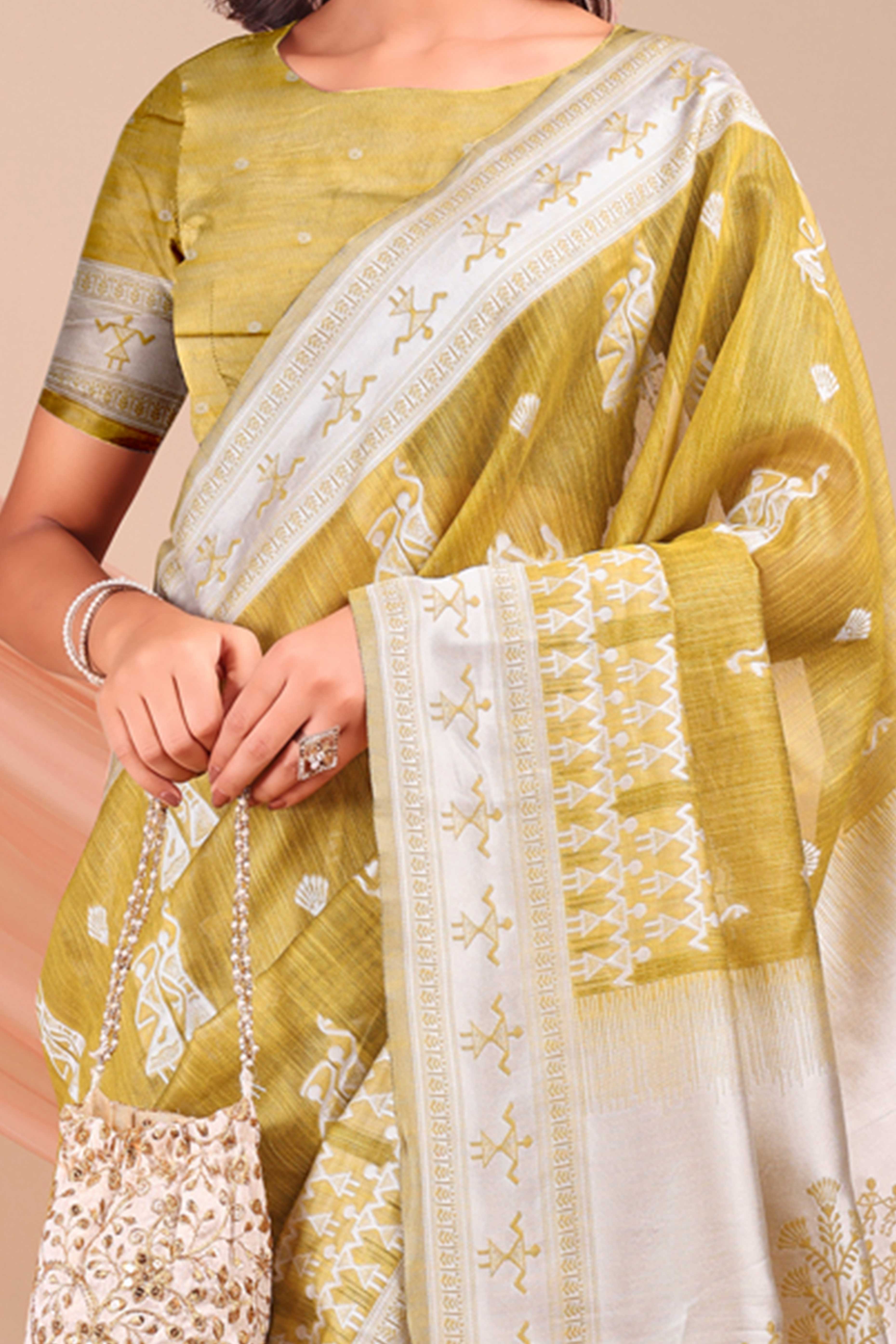 Olive Ethnic Saree in Soft Linen Cotton Fabric Featuring Warli Art Weaving