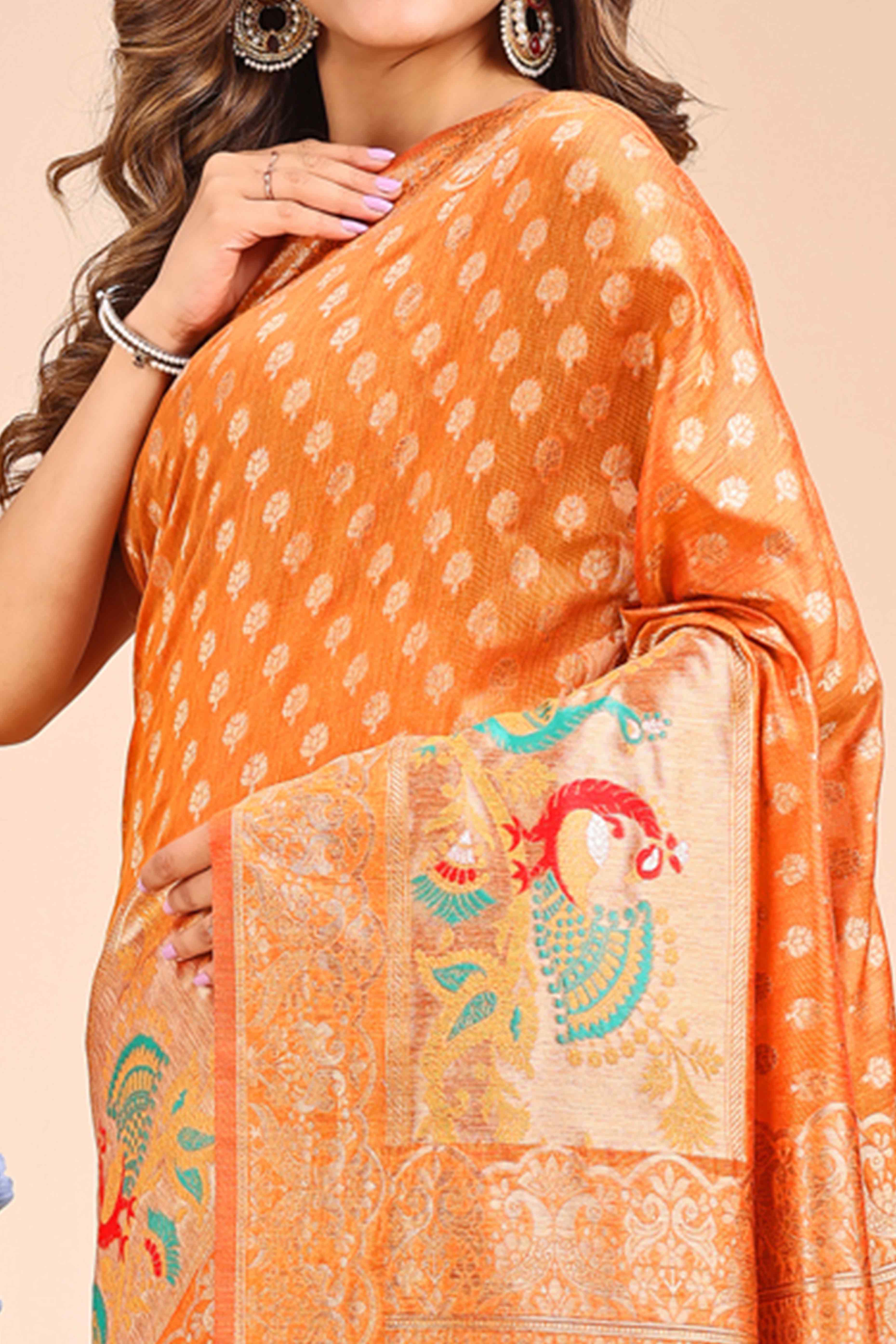 Orange Floral Zari Weaving Embellished Linen Cotton Saree With Tassel Accents