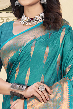 Regal Teal Blue Silk Blend Saree Enhanced With Floral Zari Work & Tassel Finish