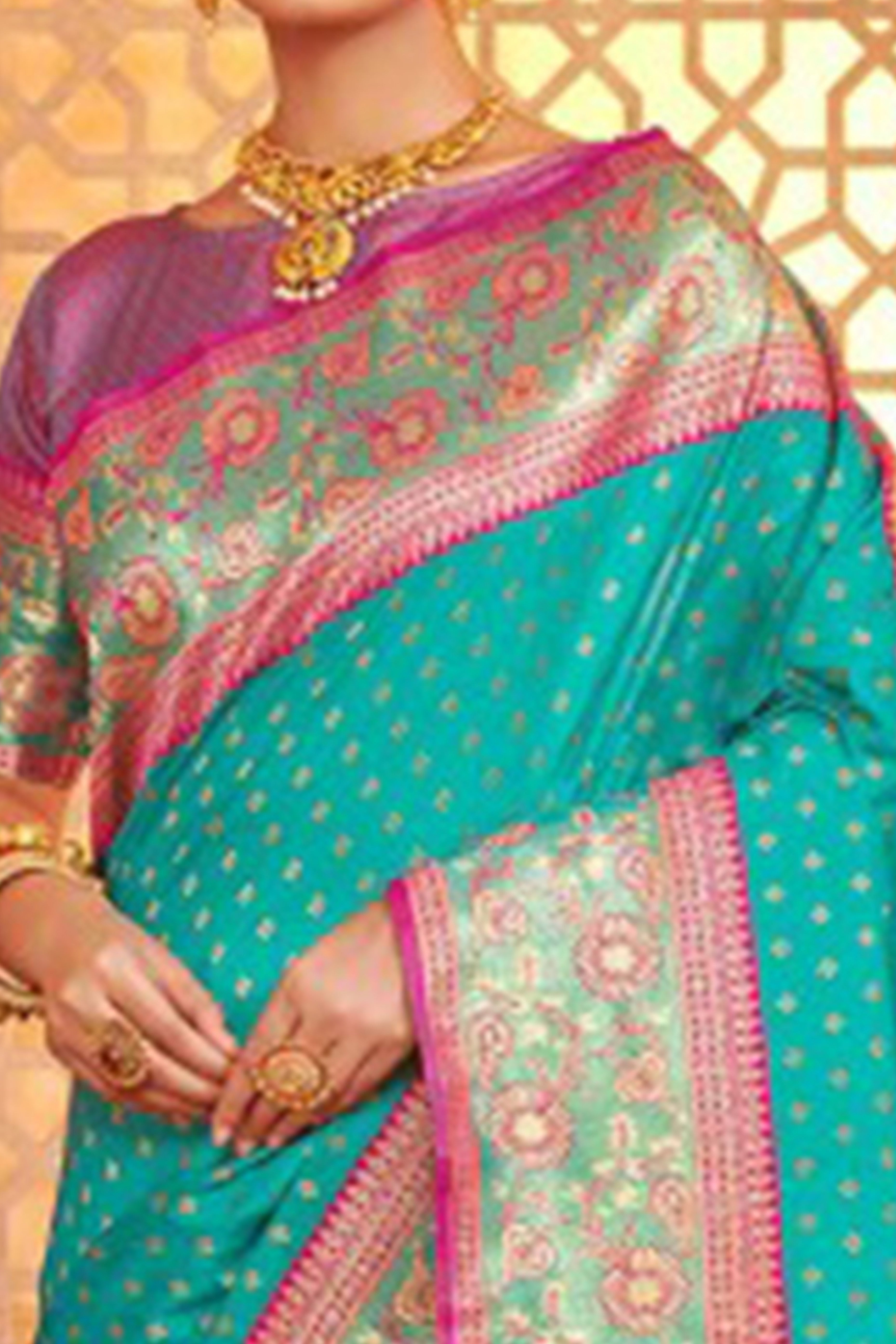 Elegant Turquoise Floral Zari Weaving Silk Blend Saree With Tassel Pallu