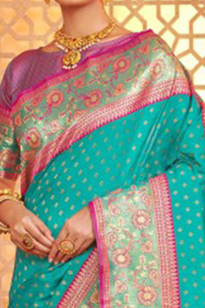 Elegant Turquoise Floral Zari Weaving Silk Blend Saree With Tassel Pallu