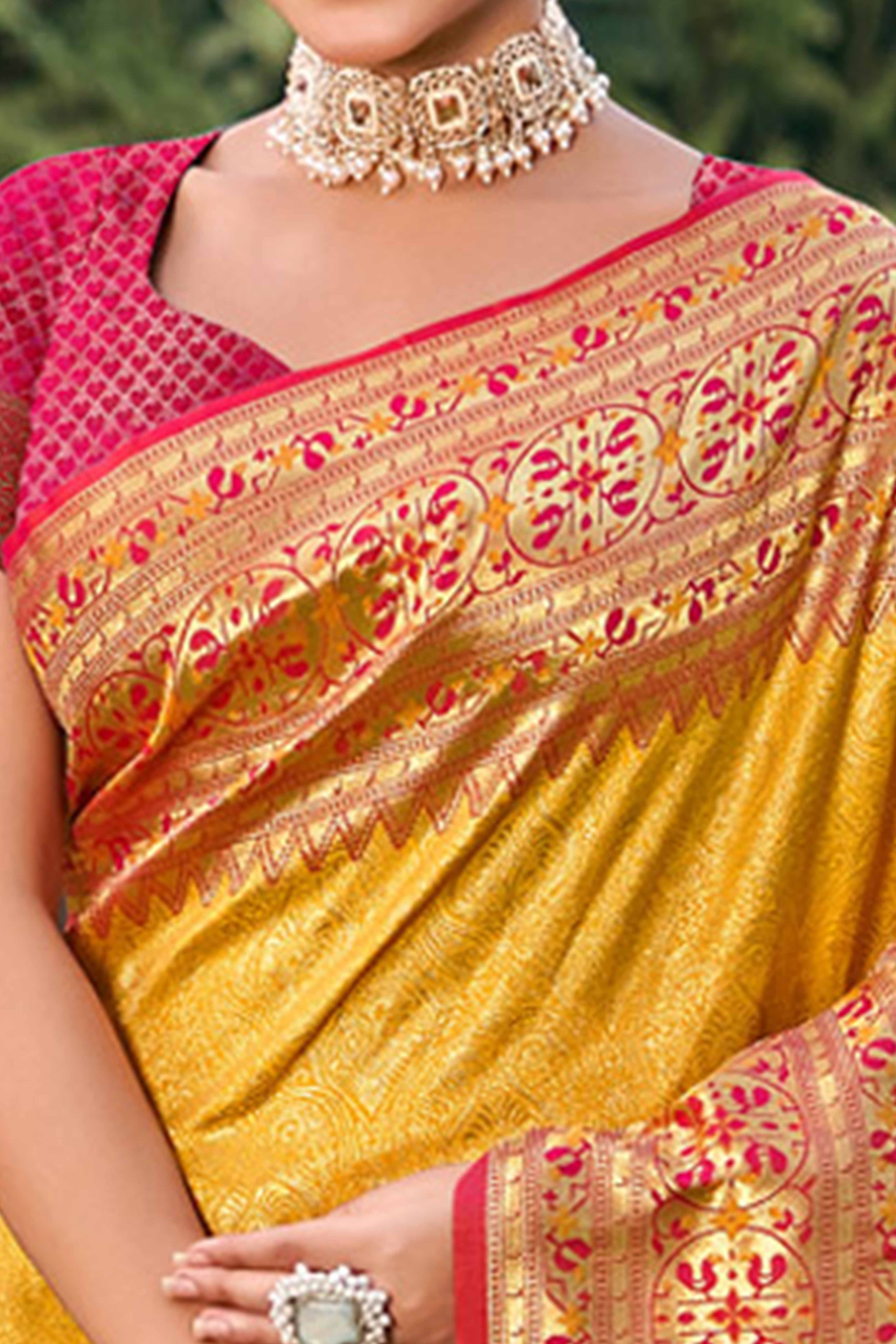 Yellow Floral Zari Woven Saree In Banarasi Silk With Delicate Tassel Accents Pallu