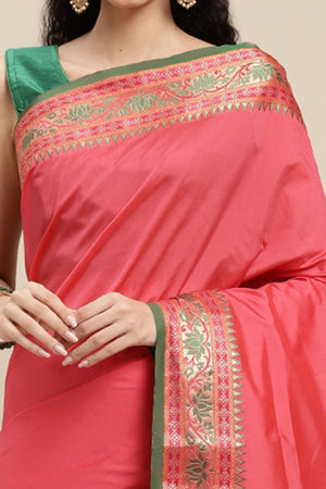 Graceful Gajari Pink Solid Saree Highlighted With Floral Zari Weaving On Silk Blend & Tassel Pallu