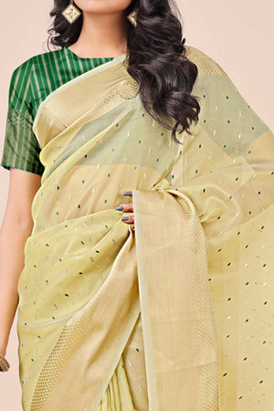 Light Green Organza Saree Adorned With Fine Zari Weaving & Stylish Tassel Edging
