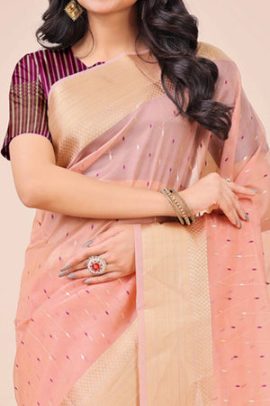 Light Pink Organza Saree Adorned With Fine Zari Weaving & Stylish Tassel Edging
