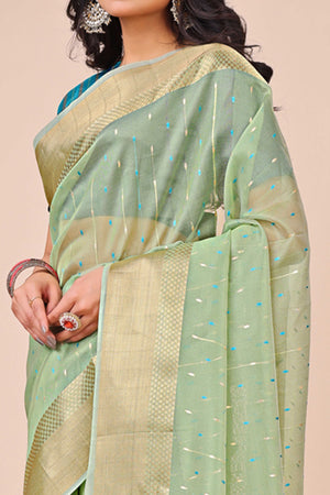Pista Green Organza Saree Adorned With Fine Zari Weaving & Stylish Tassel Edging
