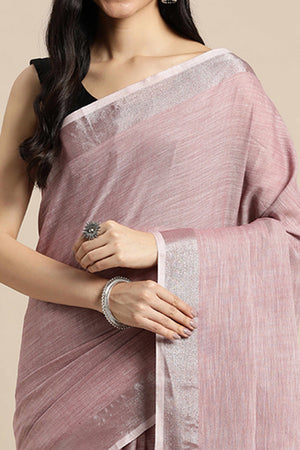 Dusty Mauve Linen Saree Adorned With Silver Zari Weaving Border & Pallu